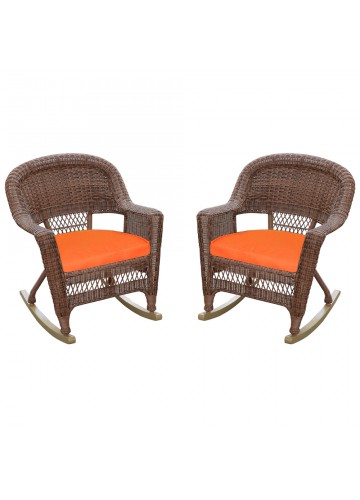 Honey Rocker Wicker Chair with Orange Cushion -  Set of 2