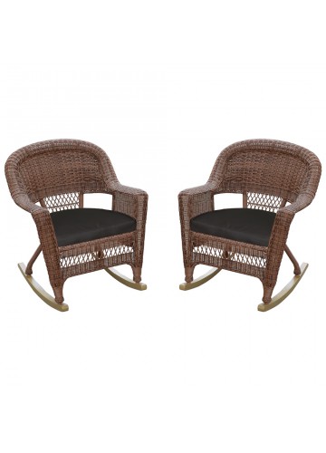 Honey Rocker Wicker Chair with Black Cushion -  Set of 2