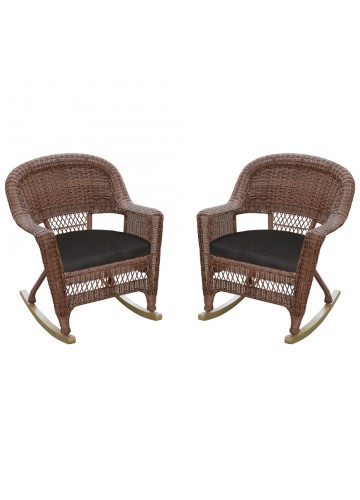 Honey Rocker Wicker Chair with Black Cushion -  Set of 2