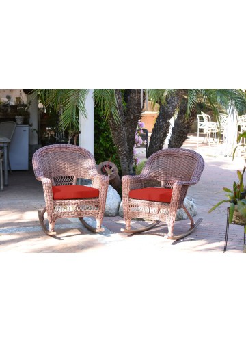 Honey Rocker Wicker Chair with Brick Red Cushion -  Set of 2