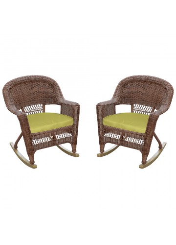 Honey Rocker Wicker Chair with Sage Green Cushion -  Set of 2