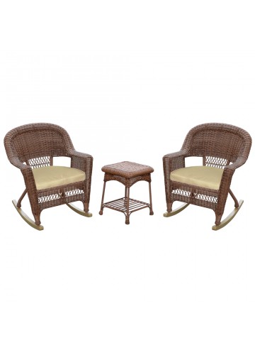 3pc Honey Rocker Wicker Chair Set With Tan Cushion