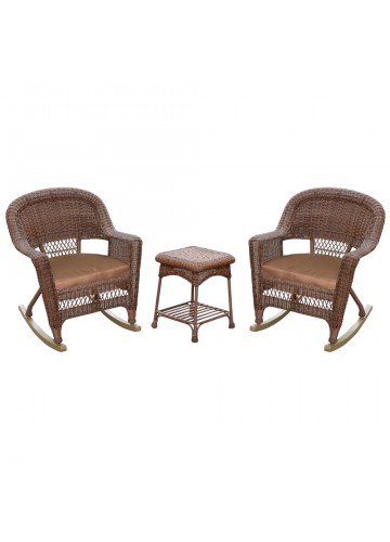 3pc Honey Rocker Wicker Chair Set With Brown Cushion