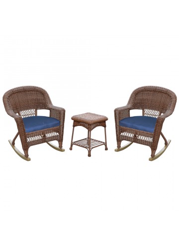 3pc Honey Rocker Wicker Chair Set With Midnight Blue Cushion