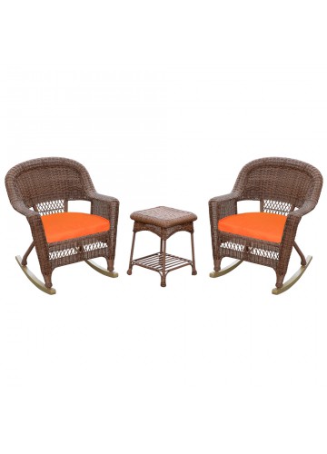 3pc Honey Rocker Wicker Chair Set With Orange Cushion