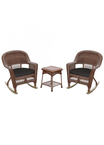 3pc Honey Rocker Wicker Chair Set With Black Cushion