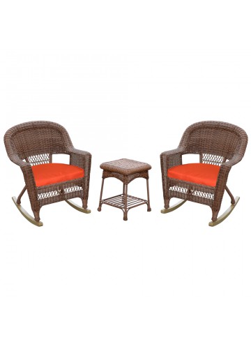 3pc Honey Rocker Wicker Chair Set With Brick Red Cushion