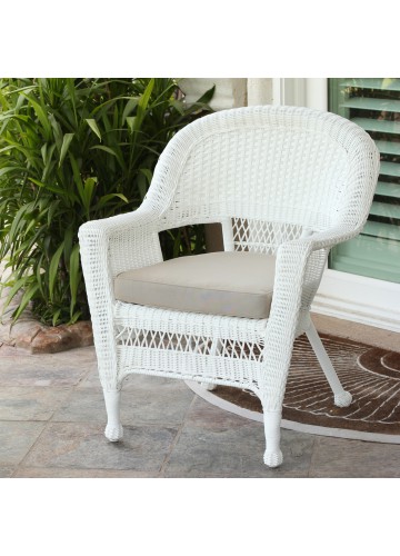 White Wicker Chair With Tan Cushion