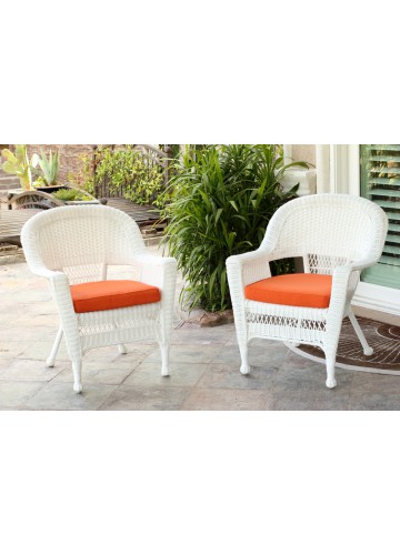 White Wicker Chair With Orange Cushion - Set of 2