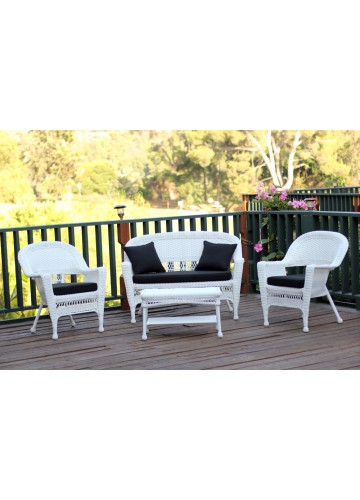 4pc White Wicker Conversation Set - Black Cushions