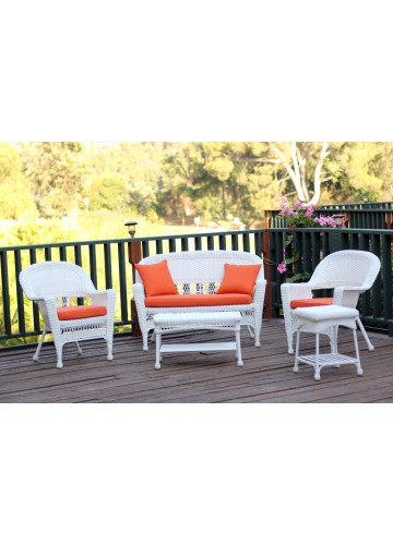 5pc White Wicker Conversation Set - Orange Cushions