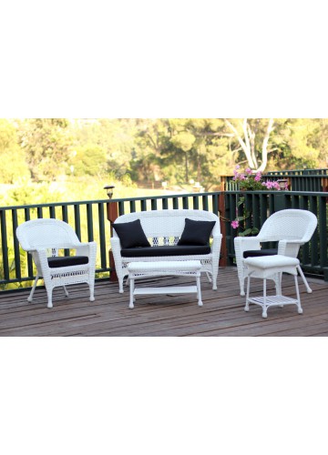 5pc White Wicker Conversation Set - Black Cushions