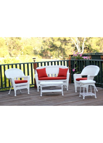 5pc White Wicker Conversation Set - Brick Red Cushions