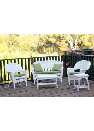 5pc White Wicker Conversation Set - Sage Green Cushions