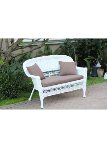White Wicker Patio Love Seat With Brown Cushion and Pillows