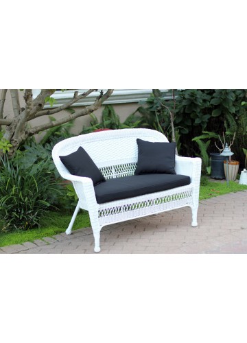 White Wicker Patio Love Seat With Black Cushion and Pillows