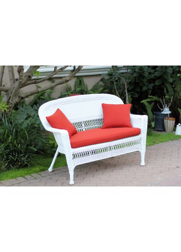 White Wicker Patio Love Seat With Brick Red Cushion and Pillows