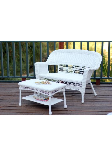 White Wicker Patio Love Seat And Coffee Table Set Without Cushion