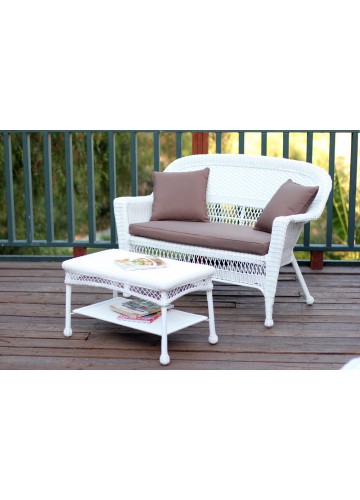 White Wicker Patio Love Seat And Coffee Table Set With Brown Cushion