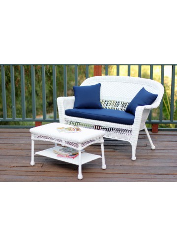 White Wicker Patio Love Seat And Coffee Table Set With Midnight Blue Cushion