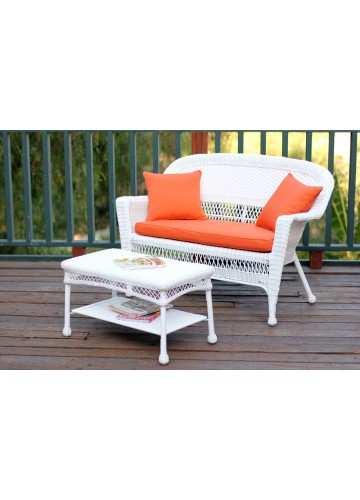 White Wicker Patio Love Seat And Coffee Table Set With Orange Cushion
