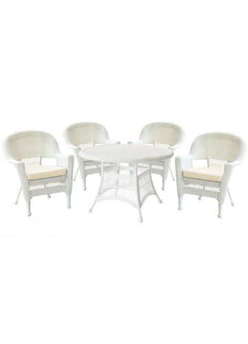 5pc White Wicker Dining Set - Ivory Cushions