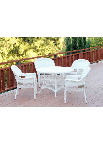 5pc White Wicker Dining Set - Tan Cushions