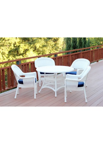 5pc White Wicker Dining Set - Midnight Blue Cushions