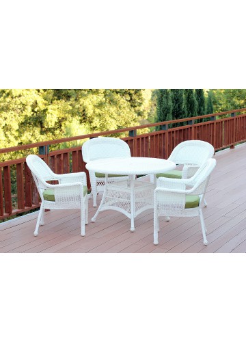 5pc White Wicker Dining Set - Sage Green Cushions
