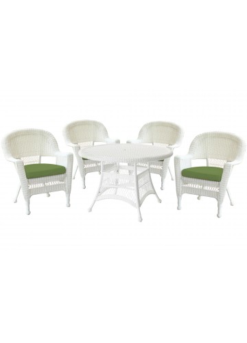 5pc White Wicker Dining Set - Hunter Green Cushions