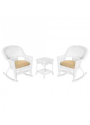 3pc White Rocker Wicker Chair Set With Tan Cushion