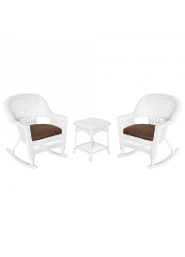 3pc White Rocker Wicker Chair Set With Brown Cushion