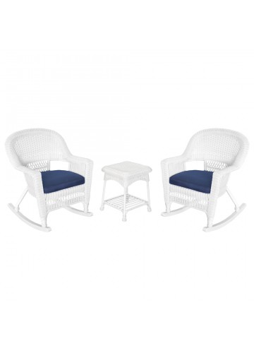 3pc White Rocker Wicker Chair Set With Midnight Blue Cushion