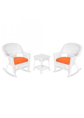 3pc White Rocker Wicker Chair Set With Orange Cushion