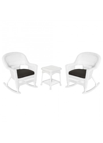 3pc White Rocker Wicker Chair Set With Black Cushion