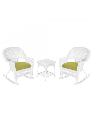 3pc White Rocker Wicker Chair Set With Sage Green Cushion