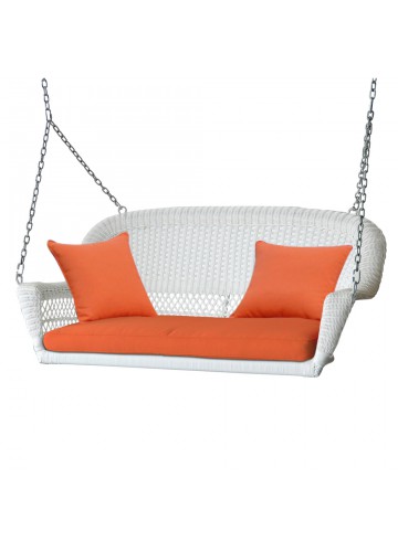 White Resin Wicker Porch Swing with Orange Cushion