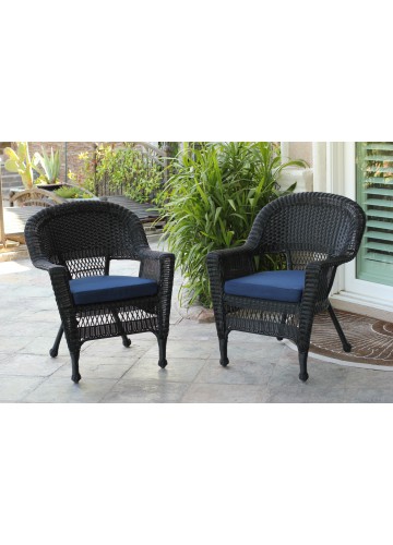 Black Wicker Chair With Midnight Blue Cushion - Set of 4