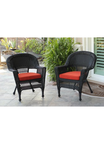 Black Wicker Chair With Brick Red Cushion - Set of 4