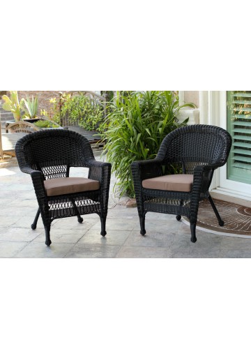 Black Wicker Chair With Brown Cushion - Set of 2