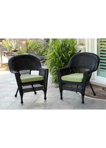 Black Wicker Chair With Sage Green Cushion - Set of 2