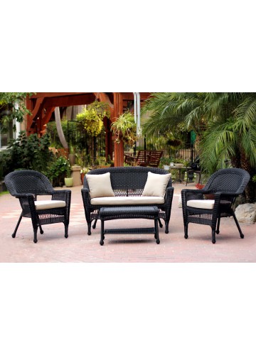 4pc Black Wicker Conversation Set - Tan Cushion