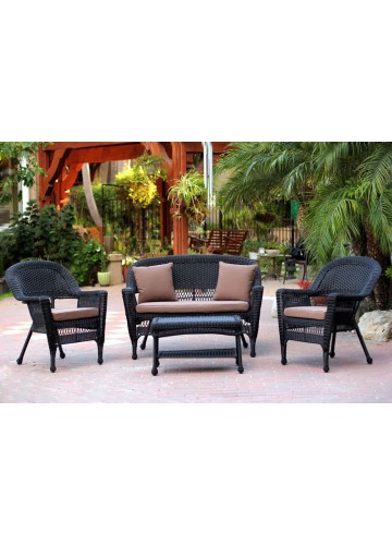 4pc Black Wicker Conversation Set - Brown Cushions