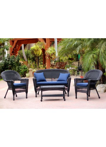4pc Black Wicker Conversation Set - Midnight Blue Cushions