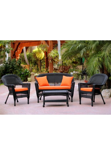 4pc Black Wicker Conversation Set - Orange Cushions