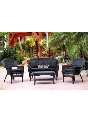 4pc Black Wicker Conversation Set - Black Cushions