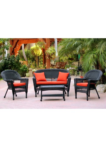 4pc Black Wicker Conversation Set - Brick Red Cushions