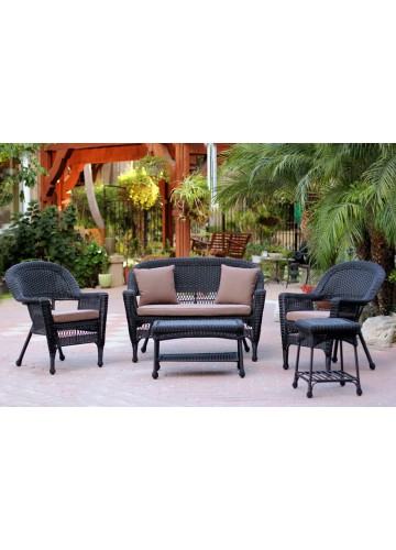 5pc Black Wicker Conversation Set - Brown Cushions