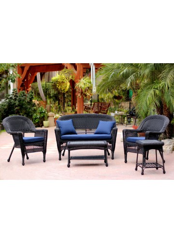 5pc Black Wicker Conversation Set - Midnight Blue Cushions
