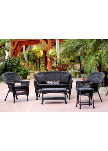 5pc Black Wicker Conversation Set - Black Cushions